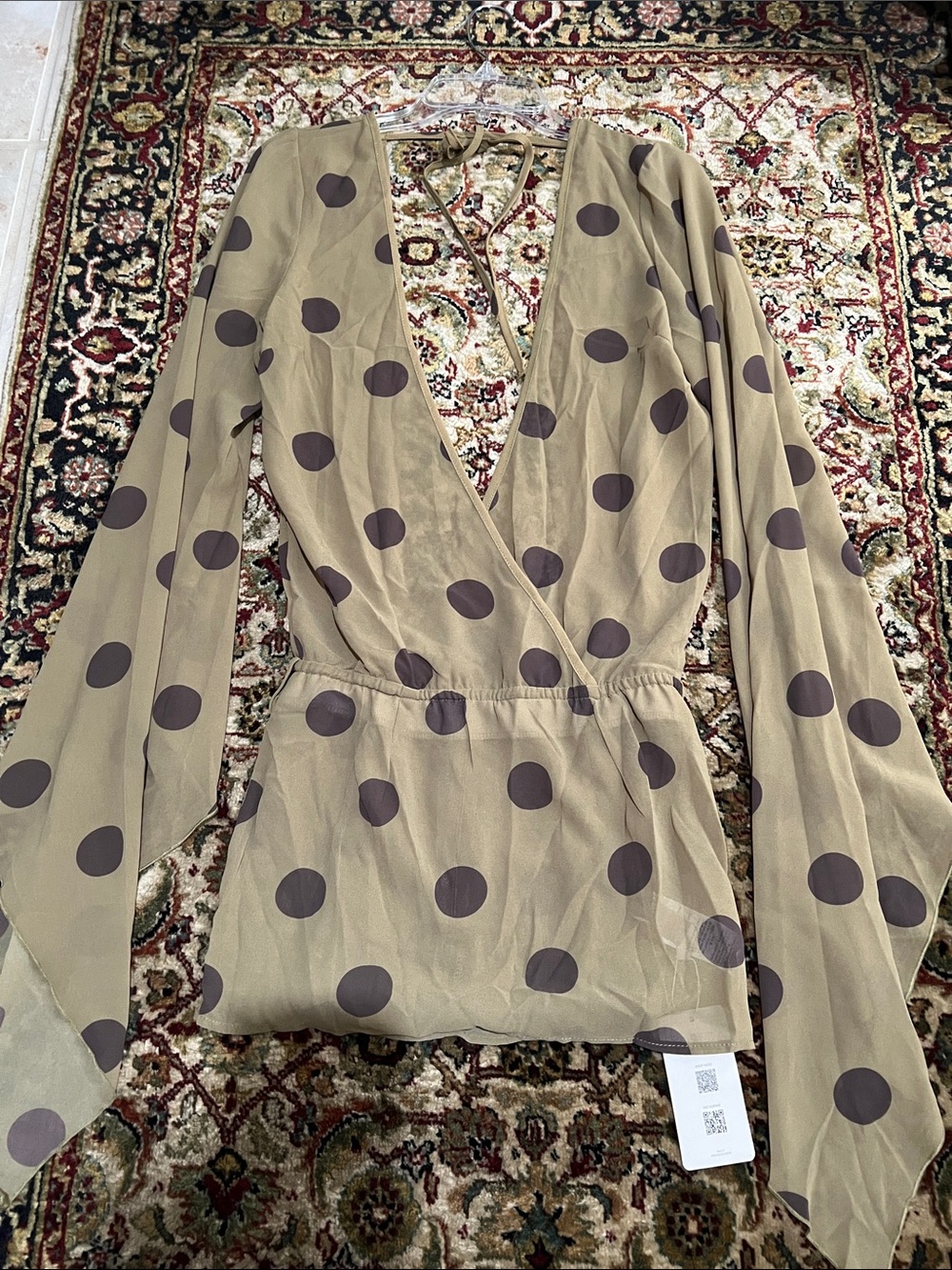 Musera Olive and Brown Polka Dot Sheer Blouse with Draped Flare Sleeves New